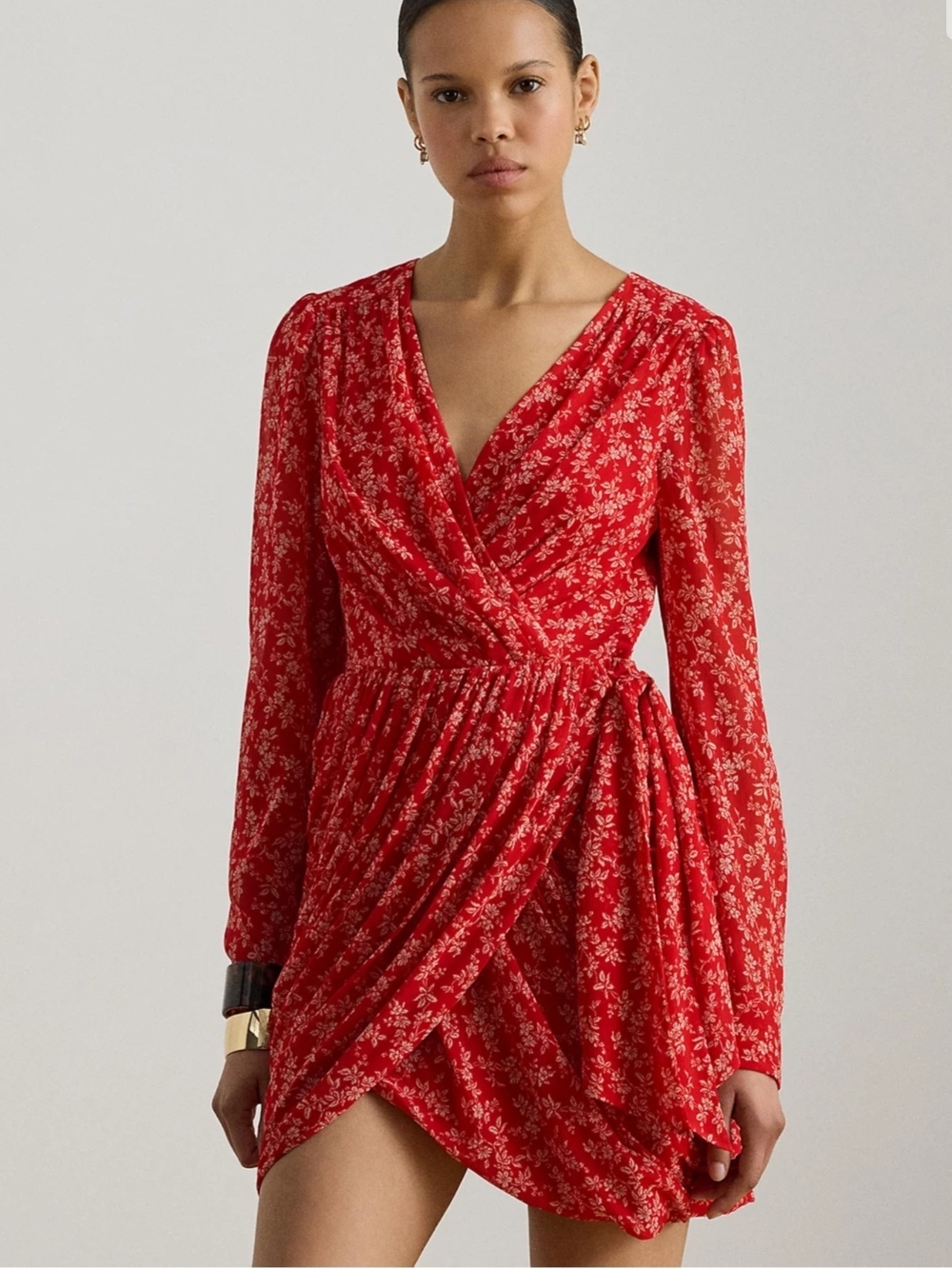 Lauren Ralph Lauren Floral Faux Wrap V-Neck Dress Red Seam Zipper